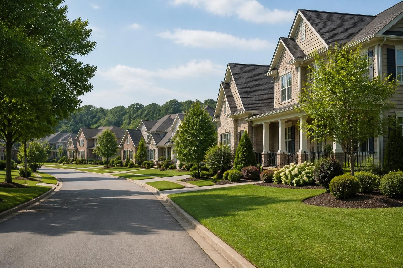 Manicured suburban street with leafy trees in Buford