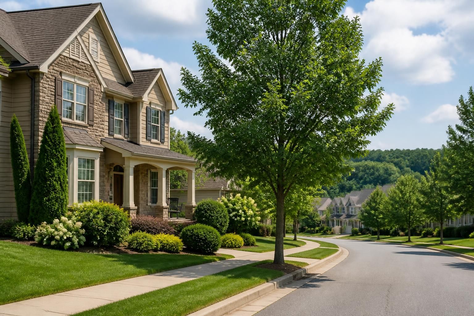 Attractive suburban neighborhood with mature landscaping in Cumming