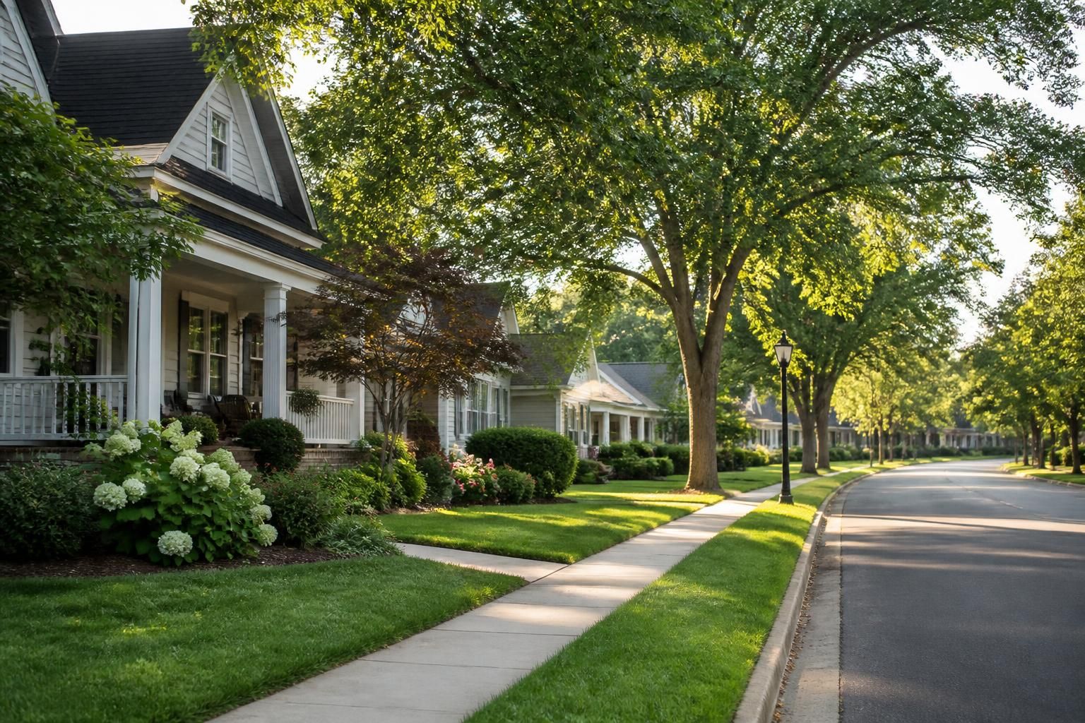 Tree-lined suburban street with tidy lawns in Gainesville