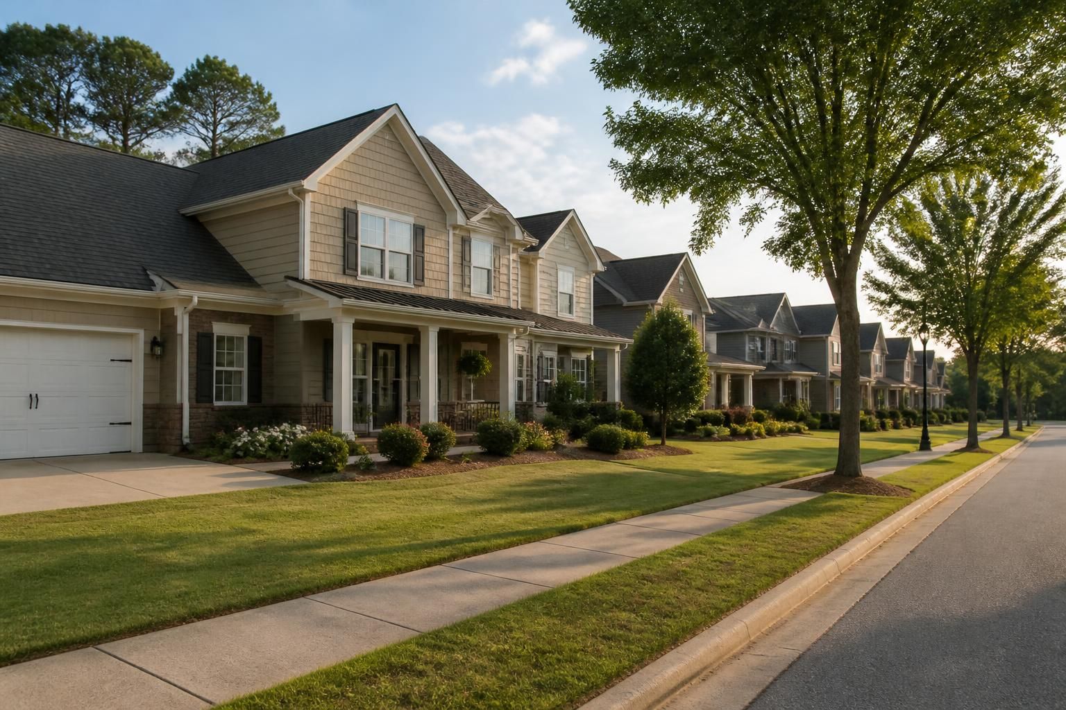 Tidy suburban neighborhood with mature trees in Hoschton