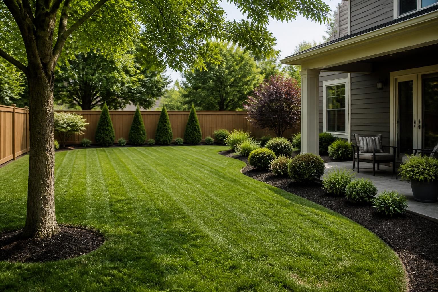 Neatly cleaned backyard with an orderly lawn